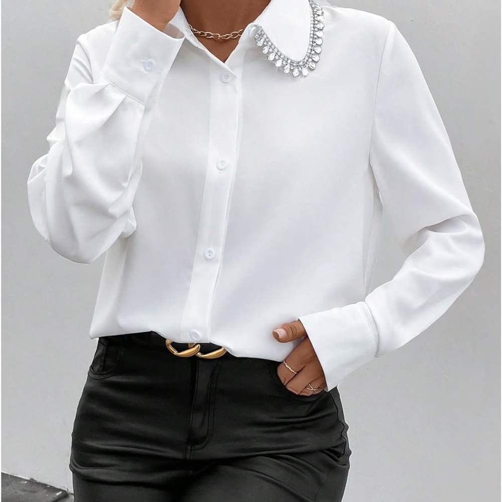 Elegant White Women's Top with Embellished Collar ~ Perfect for the holidays! - Picture 2 of 5